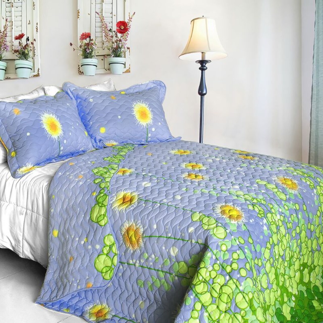 Dandelion Night Handmade Cotton Quilted Bedding Set Reversible Quilt with Sham(s), Vermicelli Stitching